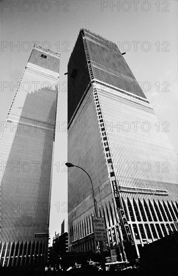 Low Angle View of Twin Towers of World Trade Center under Construction, New York City, New York, USA, photograph by Thomas J. O'Halloran, January 1971