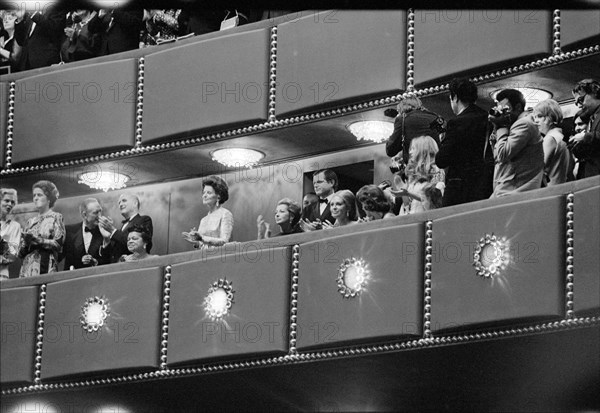 Members of the Kennedy Family, including Rose Kennedy (standing center) in the Presidential Box at the Gala Opening of the John F. Kennedy Center for the Performing Arts, Washington, D.C., USA, photographer Thomas J. O'Halloran, Warren K. Leffler, September 8, 1971