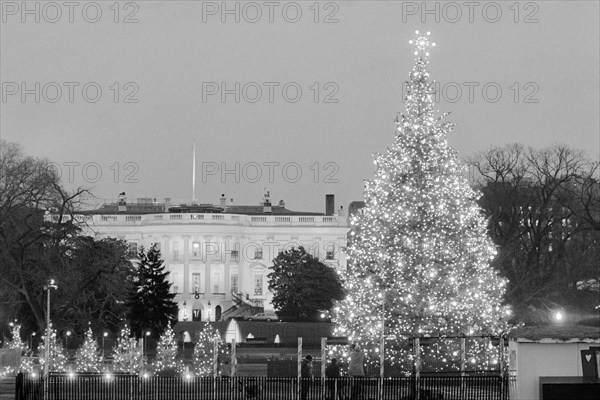National Christmas Tree Test Lighting with White House in Background, Washington, D.C., USA, photographer Thomas J. O'Halloran, Warren K. Leffler, December 1971