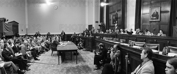 U.S. President Gerald Ford appearing at the House Judiciary Subcommittee hearing on pardoning former President Richard Nixon, Washington, D.C., USA, photograph by Thomas J. O'Halloran, October 17, 1974