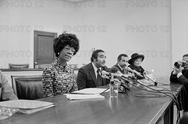 Democratic U.S. Congresswoman Shirley Chisholm Announcing her Candidacy for U.S. Presidential Nomination with Representatives Parren Mitchell, Charles Rangel, and Bella Abzug seated at Table with Microphones, Thomas J. O'Halloran, January 25, 1972