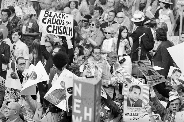 Group of people Demonstrating for Shirley Chisholm and George Wallace, Democratic National Convention, Third Session, Miami Beach Convention Center, Miami Beach, Florida, USA, photograph by Thomas J. O'Halloran, July 1972
