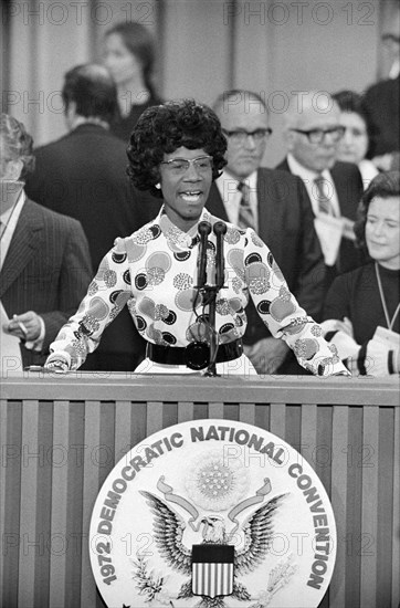 Democratic U.S. Congresswoman Shirley Chisholm thanking Delegates from Podium during Third Session of Democratic National Convention, Miami, Florida, USA, photograph by Thomas J. O'Halloran, July 12, 1972
