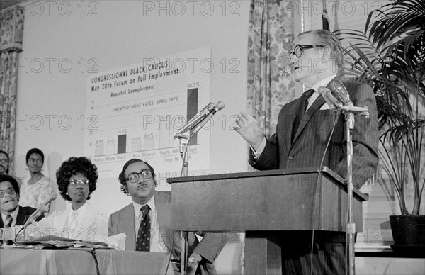 U.S. Vice President Nelson Rockefeller Addresses Congressional Black Caucus Full Employment Forum as New York Congresswoman Shirley Chisholm Looks on, Washington, D.C., USA, photograph by Thomas J. O'Halloran, May 20, 1975