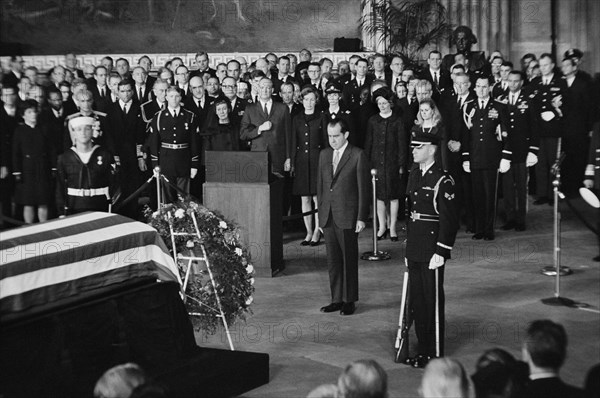 U.S. President Richard M. Nixon Standing before Flag-Draped Casket of Former U.S. President Dwight D. Eisenhower, Washington, D.C., USA, photograph  by Thomas J. O'Halloran, March 30, 1969