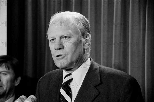 Gerald R. Ford, Head and Shoulder Portrait speaking to Press shortly after becoming U.S. President upon Richard Nixon's Resignation, Washington, D.C., USA, photographer Thomas J. O'Halloran, Warren K. Leffler, August 9, 1974