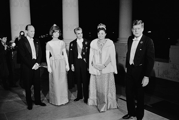 First Lady Jacqueline Kennedy, Mohammad Reza Pahlavi, Shah of Iran, Farah Pahlavi and U.S. President, John F. Kennedy, group portrait, White House, Washington, D.C., USA, photograph by Warren K. Leffler, April 11, 1962