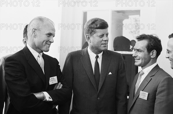 American Astronaut Colonel John Glenn, U.S. President John F. Kennedy and Soviet Cosmonaut Major Gherman Titov meeting at White House, Washington, D.C., USA, photograph by Marion S. Trikosko, May 3, 1962