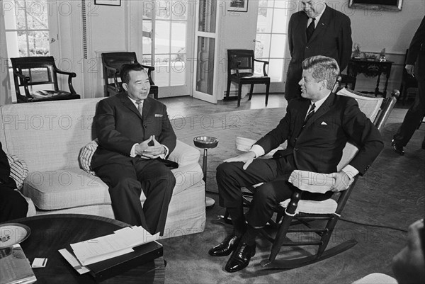 Laotian Prime Minister Souvanna Phouma with U.S. President John F. Kennedy, White House, Washington, D.C, USA, photograph by Marion S. Trikosko, July 27, 1962