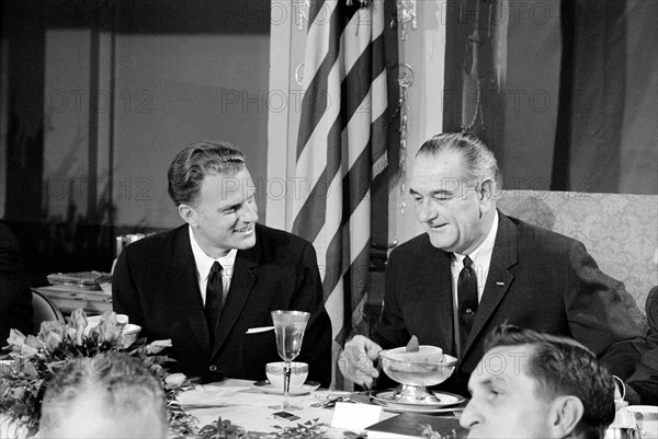 Reverend Billy Graham with U.S. President Lyndon Johnson at Annual Presidential Prayer Breakfast, Washington, D.C., USA, photograph by Marion S. Trikosko, February 5, 1964