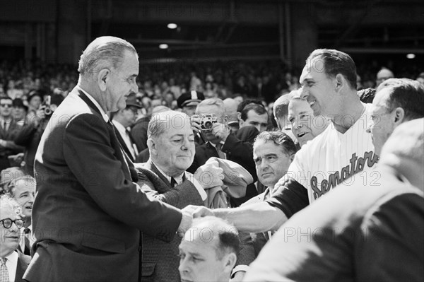 U.S. President Lyndon Johnson Shaking Hands with Gil Hodges, Manager of Washington Senators, Opening Day Baseball Game, Washington, D.C., USA, photographer Marion S. Trikosko, Warren K. Leffler, April 12, 1965