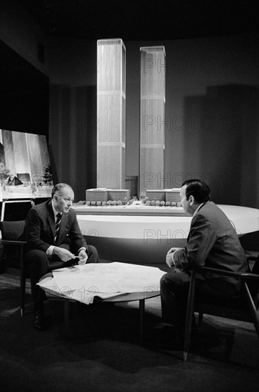 Two Officials of Port of New York Authority discussing Office Space with Model of New World Trade Center in background, New York City, New York, USA, photograph by Thomas J. O'Halloran, January 1971