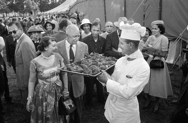 U.S. President Dwight Eisenhower and First Lady Mamie Eisenhower at Presidential Campaign Kick-Off Picnic at their Farm, Gettysburg, Pennsylvania, USA, photograph by Thomas J. O'Halloran, September 12, 1956