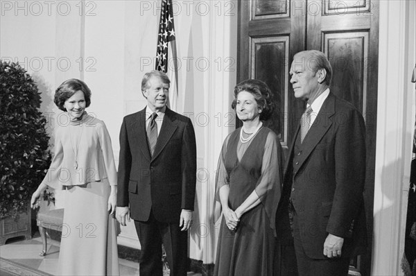 First Lady Rosalynn Carter, U.S. President Jimmy Carter, Former First Lady Betty Ford and Former U.S. President Gerald Ford attending White House Dinner for Panama Canal Treaty, Washington, D.C., USA, photograph by Marion S. Trikosko, September 7, 1977