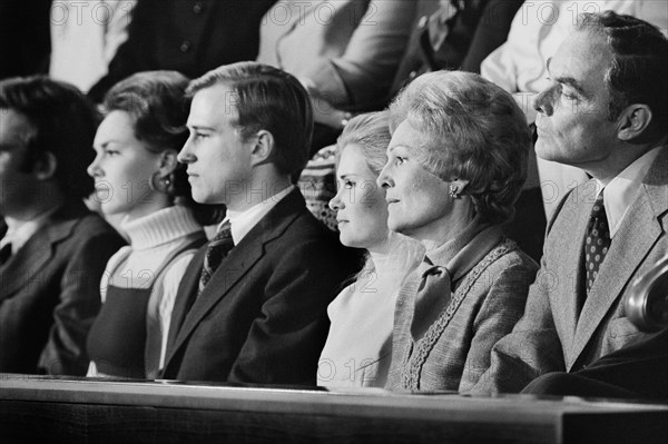 L-R: Julie Nixon Eisenhower, David, Cox, Tricia Nixon Cox, First Lady Pat Nixon and Alexander Haig attend U.S. President Richard Nixon's State of the Union Address, Washington, D.C., USA, photograph by Marion S. Trikosko, January 30, 1974