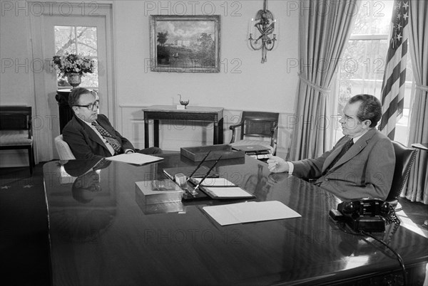 Secretary of State Henry Kissinger meeting with U.S. President Richard Nixon, White House, Washington, D.C., USA, photograph by Marion S. Trikosko, March 22, 1974