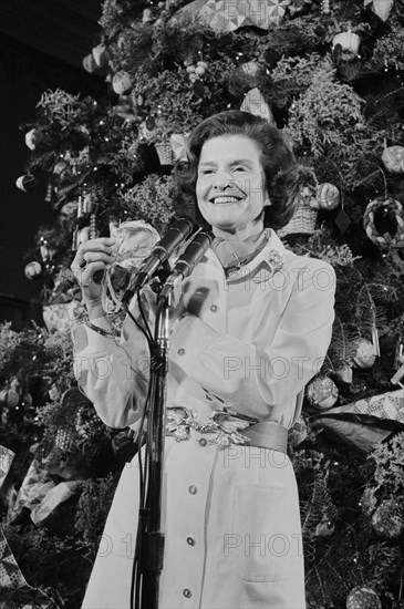 U.S. First Lady Betty Ford holding White House Christmas Decoration, Washington, D.C., USA, photograph by Marion S. Trikosko, December 10, 1974