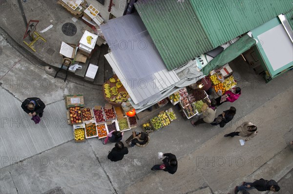 High Angle View of Corner Market and Street Scene, Hong Kong, China