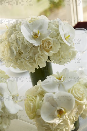 Vases of White Flowers on Wedding Reception Table