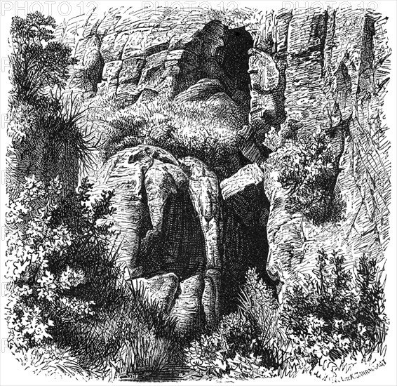 Bushmen Caves, Farmer’s Free States, Illustration from the book, "Volkerkunde" by Dr. Friedrich Ratzel, Bibliographisches Institut, Leipzig, 1885
