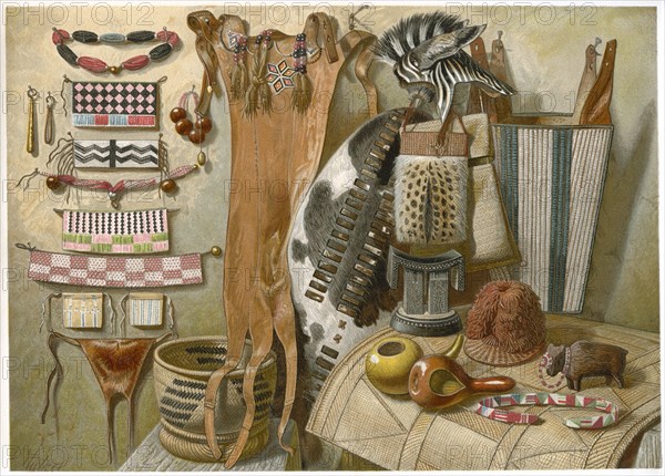 Ornamentation and Tools of the South African natives, Illustration from the book, "Volkerkunde" by Dr. Friedrich Ratzel, Bibliographisches Institut, Leipzig, 1885