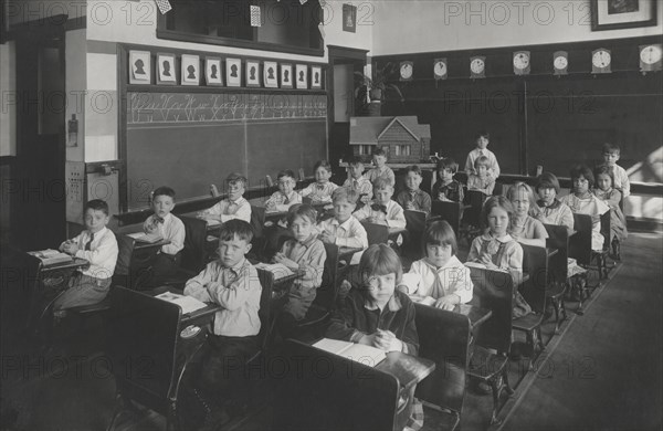 Group Portrait of Elementary School Students in Classroom, USA, 1930's