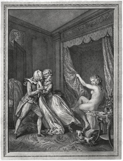 L’Indescret, etching by Francois Dequevauviller (1745-1807) after a Painting by Antoine Borel (1743-1810), 1786