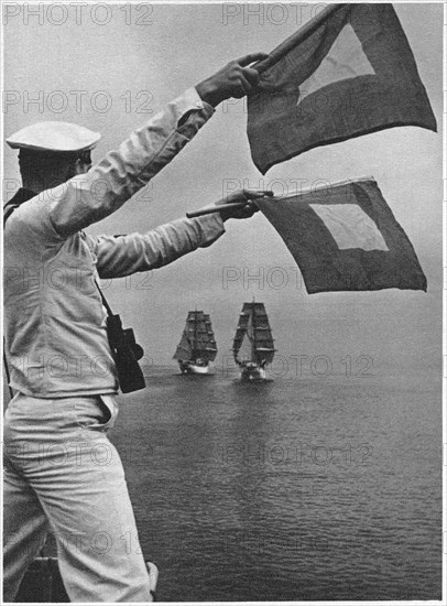 Signal orders to sail training ships ‘Gorch Fock’ and ‘Horst Wessel’, Postcard, Photograph by Kiel Urbahns, 1939