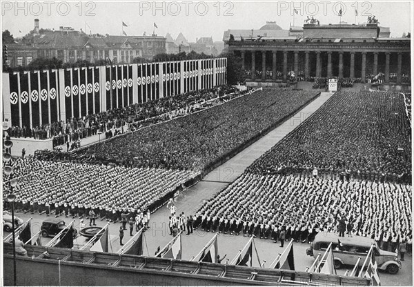 German Youth Gathered for Solemn Noon Ceremony, Olympic Games, Berlin Germany, Photograph by Presse-Photo GmbH, Volume II, Group 59, Picture 6, August 1, 1936,