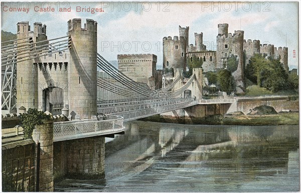 Conwy Castle and Bridge, Conwy, Wales, Peacock "Autochrom" Postcard, Pictorial Stationary Company, Ltd., London, 1910