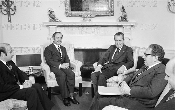 Richard Nixon, Henry Kissinger, King Hussein, politics, government, historical,