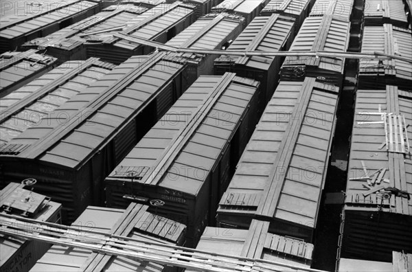 High Angle View of Freight Cars in Rail Yards