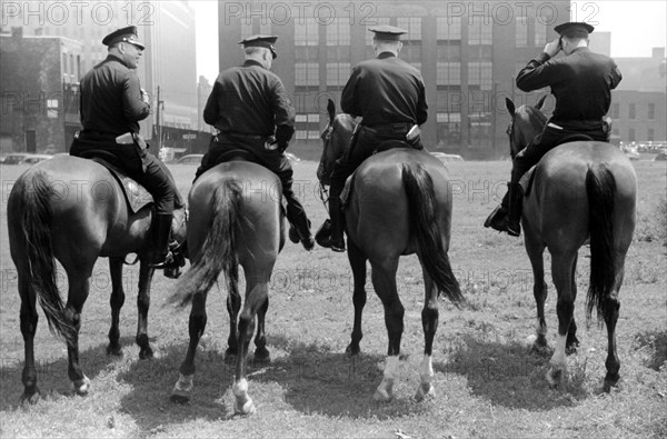 Rear View of Four Policemen on Horses