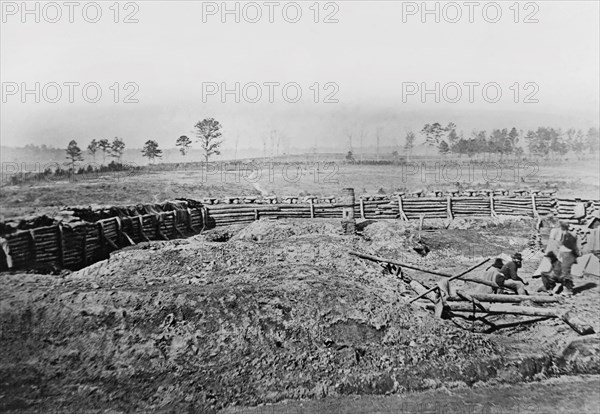 Soldiers inside Confederate Fortification