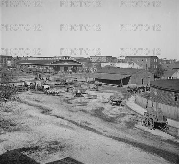 Railroad Depot with Trout House and Masonic Hall in background during Union General William Sherman's Occupation of Atlanta