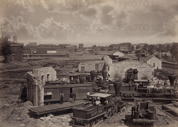 Destroyed Roundhouse with Steam Engines and Train Cars