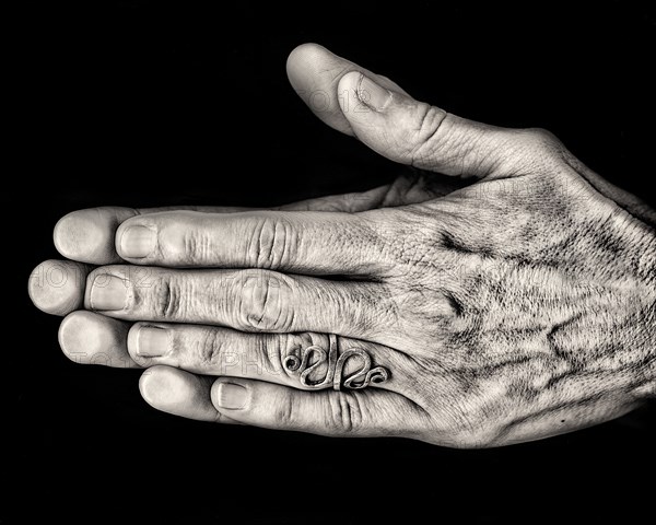 Two Hands Pressed Together against Black Background