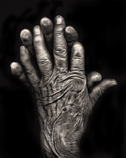 Two Wrinkled Hands against Black Background