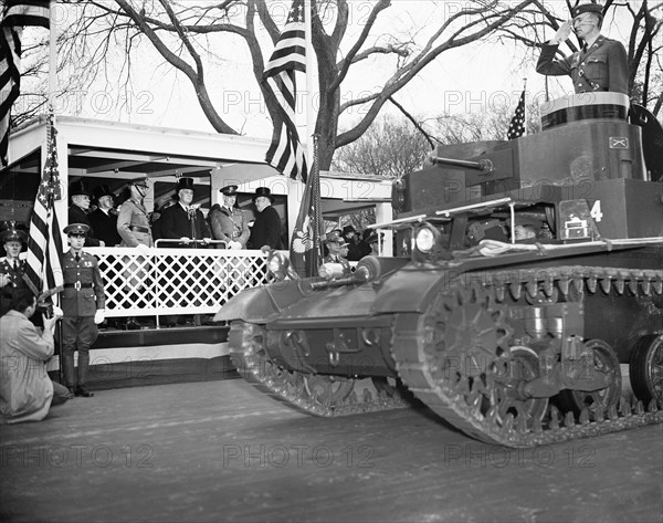 U.S. President Franklin Roosevelt observing Army Day while reviewing Parade comprising all arms of Service. Also in attendance: Brigadier General Albert Cox