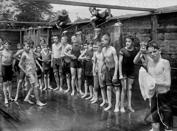 Group of Boys taking Shower at Summer Military Training Camp for Boys organized by New York State Military Training Commission