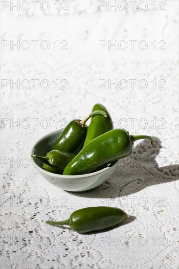 Jalapeno Peppers in White Bowl on White Background