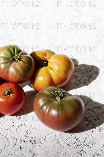 Harvested Tomatoes on White Lace Tablecloth