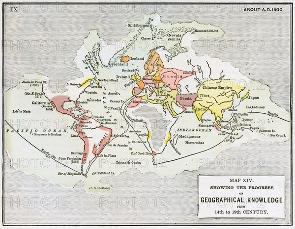 Map XIV showing the progress of Geographical Knowledge from 14th to 19th Century
