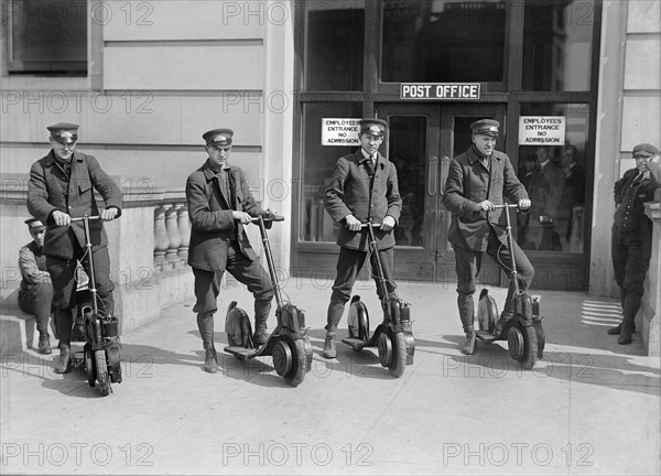 Postmen on Scooters at Post Office, Washington, 1910's