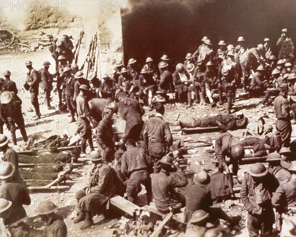 Large Group of Soldiers at First Aid Station directly behind Front, 1st Division, 1918