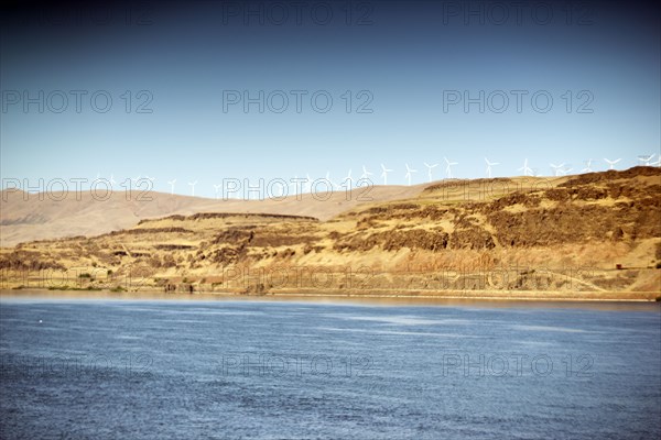 Columbia River Gorge and Wind Turbines on Hillside, Oregon,