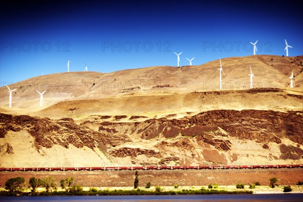 Wind Turbines and Freight Train, Columbia River Gorge,