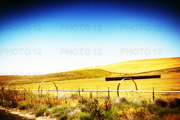 Agricultural Sprinklers along roadside in Golden Landscape, Oregon,