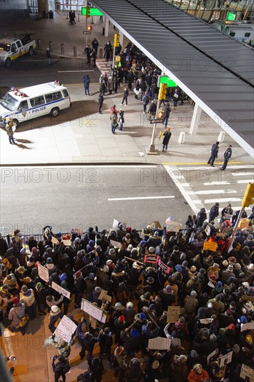 High Angle View of Crowd at Protest against Muslim Travel Ban, JFK Airport,