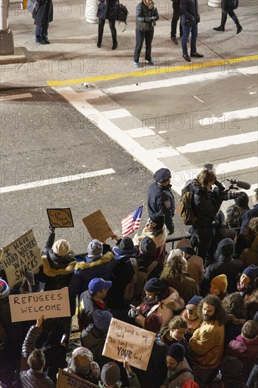 High Angle View of Crowd at Protest against Muslim Travel Ban, JFK Airport,